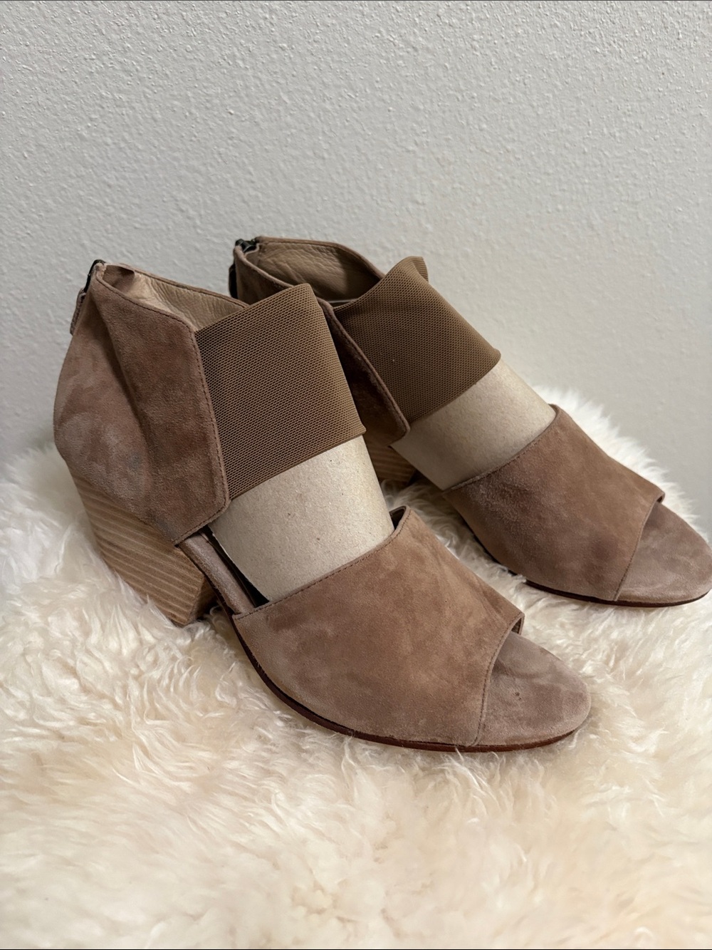 Eileen Fisher Taupe Suede Open-Toe Ankle Booties with Elastic Panel